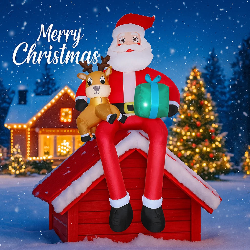 CatXaa Inflatable Christmas Santa With Reindeer Gift LED Yard Decoration