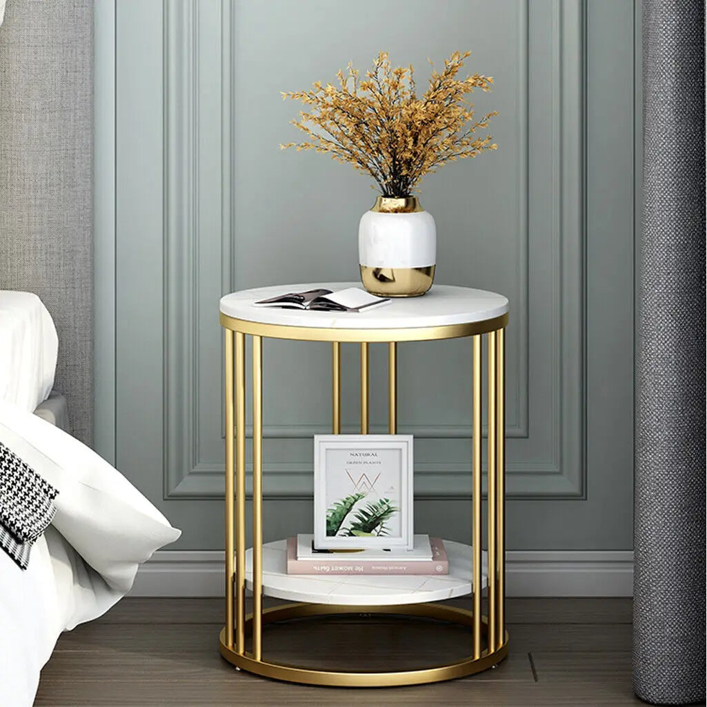 Wisfor 2-Tier Marble Round Side Table With Storage Nightstand