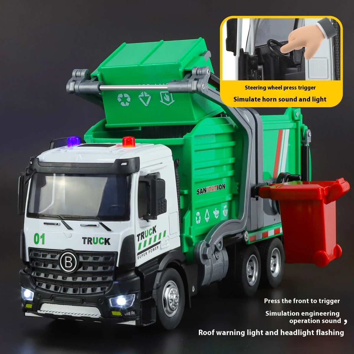 Die Cast Garbage Truck Toy With Sound And Light Effects
