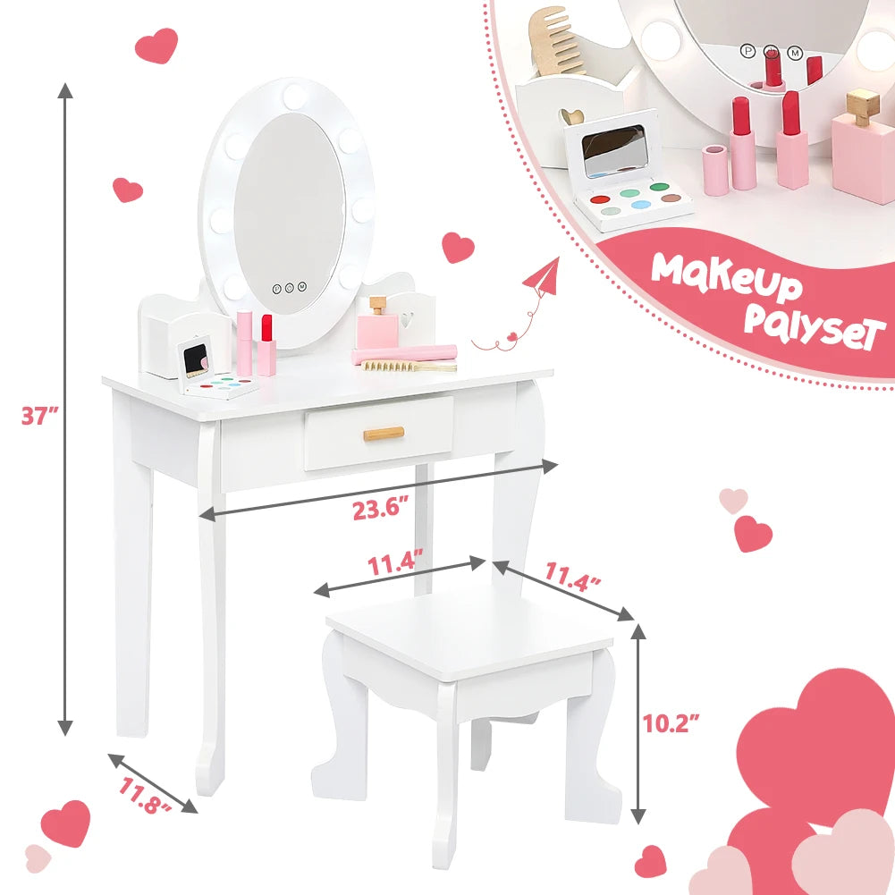 TWISTER.CK Kids Vanity Set With Mirror Lights Wood Makeup Desk And Chair