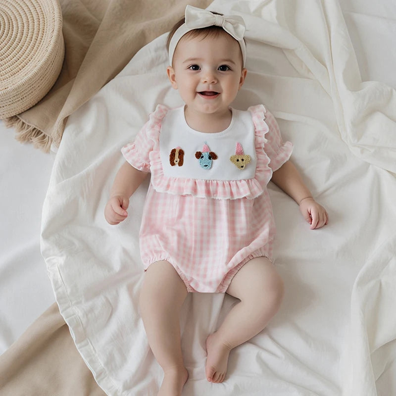 Infant Girl Short Sleeve Round Neck Floral Print Romper Newborn Jumpsuit Toddler Playsuit Summer Outfit Embroidery Bodysuit