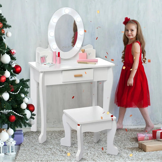TWISTER.CK Kids Vanity Set With Mirror Lights Wood Makeup Desk And Chair