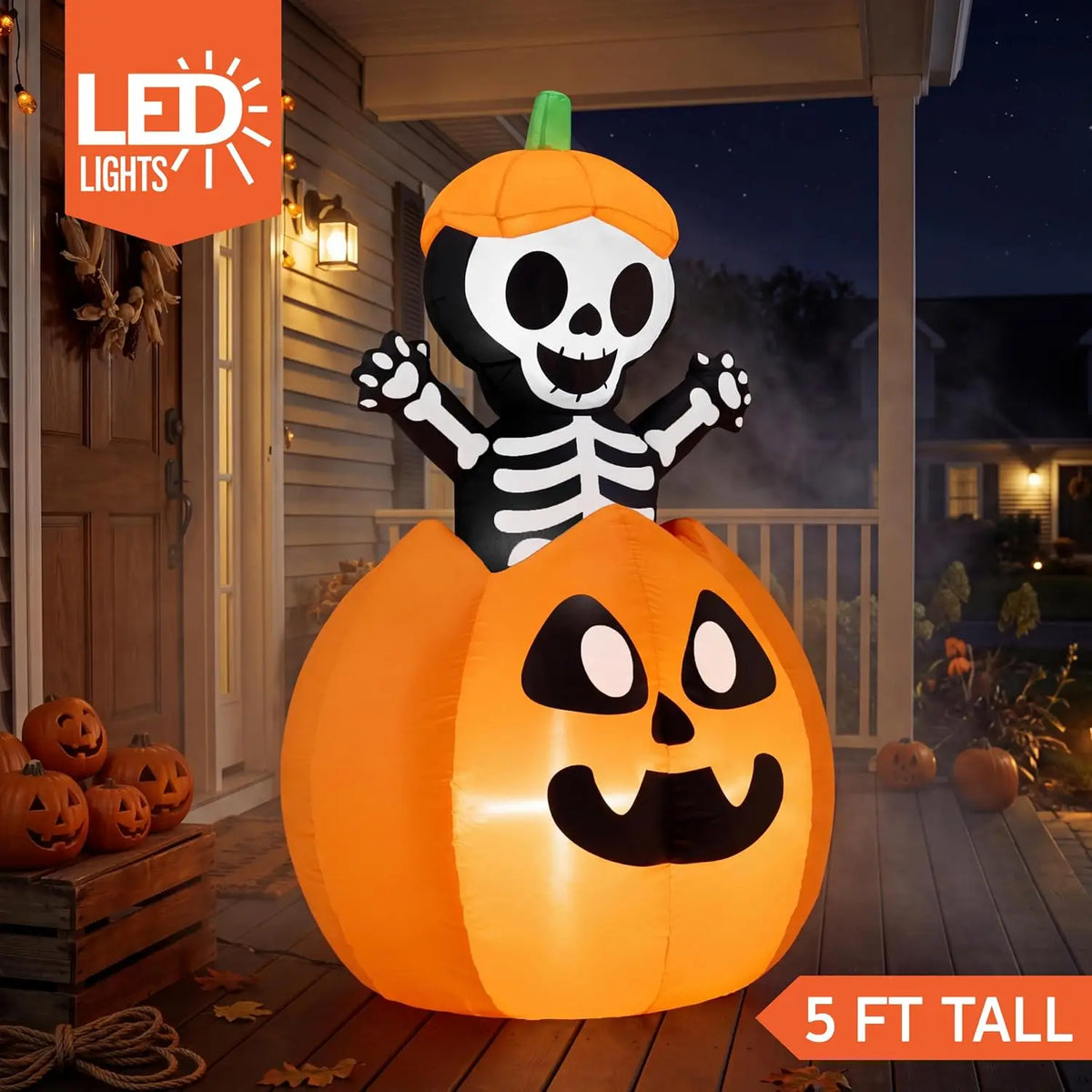 Joyfy Animated Inflatable Skeleton On Pumpkin With LED Halloween Decor
