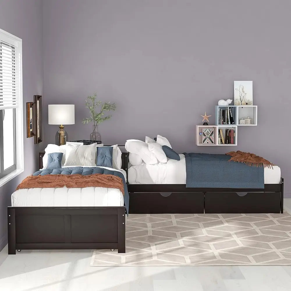 L Shaped Bunk Bed With Trundle Storage Engineered Wood
