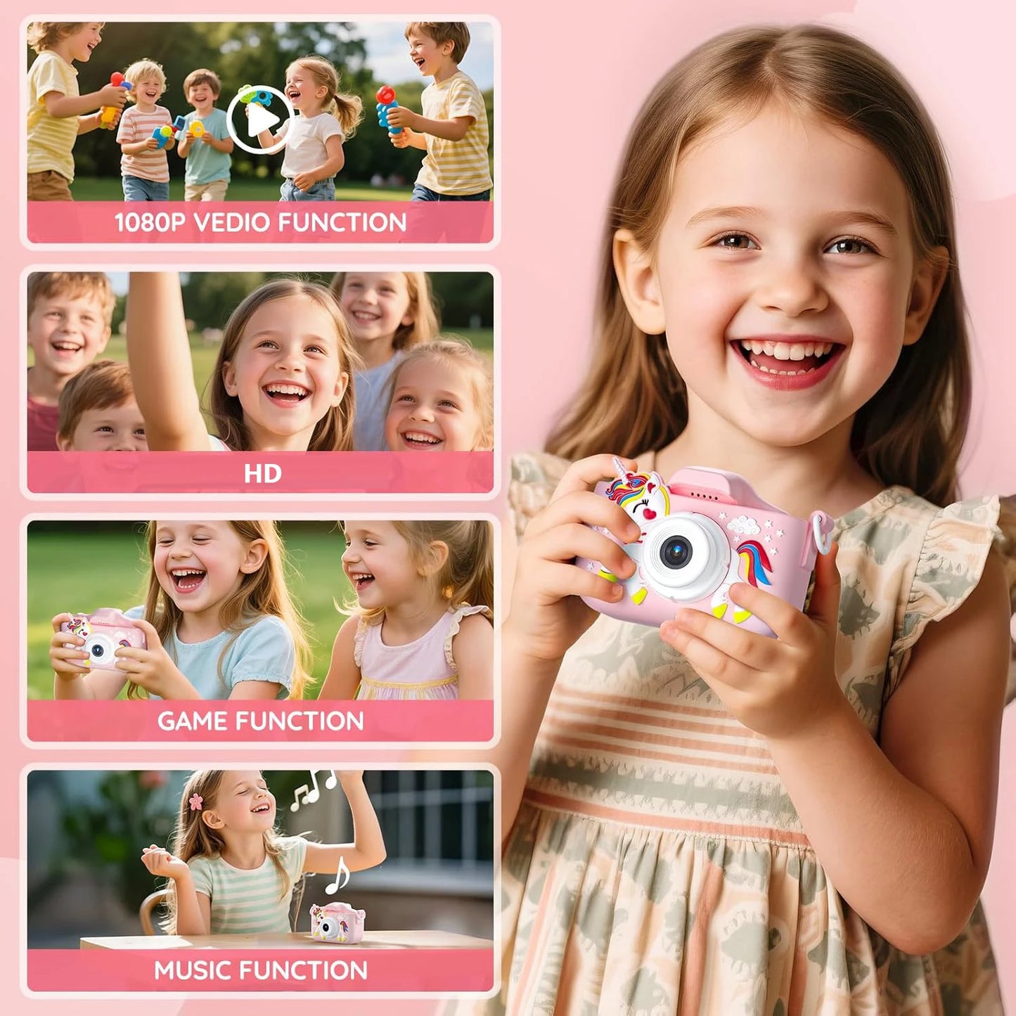 1080P HD Video Photography Camera Mini Digital Camera with Silicone Case Puzzle Game HD Photo 2.0 inch 32G Memory Card Gift