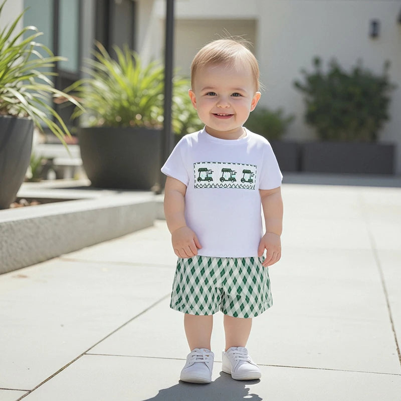 Infant Boy Casual Wear Set Embroidered Tee And Checkered Shorts