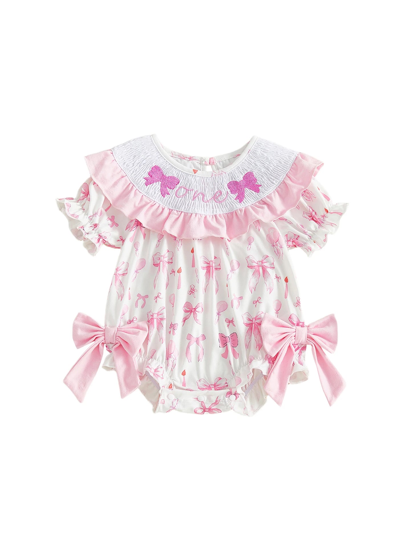 Toddler Girl Pink Floral Print Ruffle Sleeve Romper with Bow Detail and Round Neckline for Birthday Party Celebration
