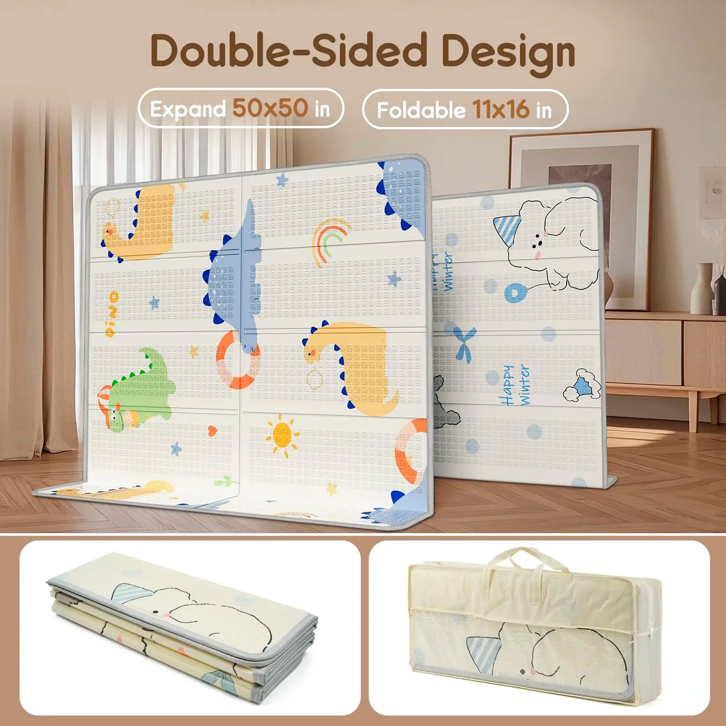 Foldable Baby Play Mat, PIGLOG Waterproof Playmats for Babies and Toddlers Kids, Safe Foam Playmat for Tummy Time, 50x50 Playpen