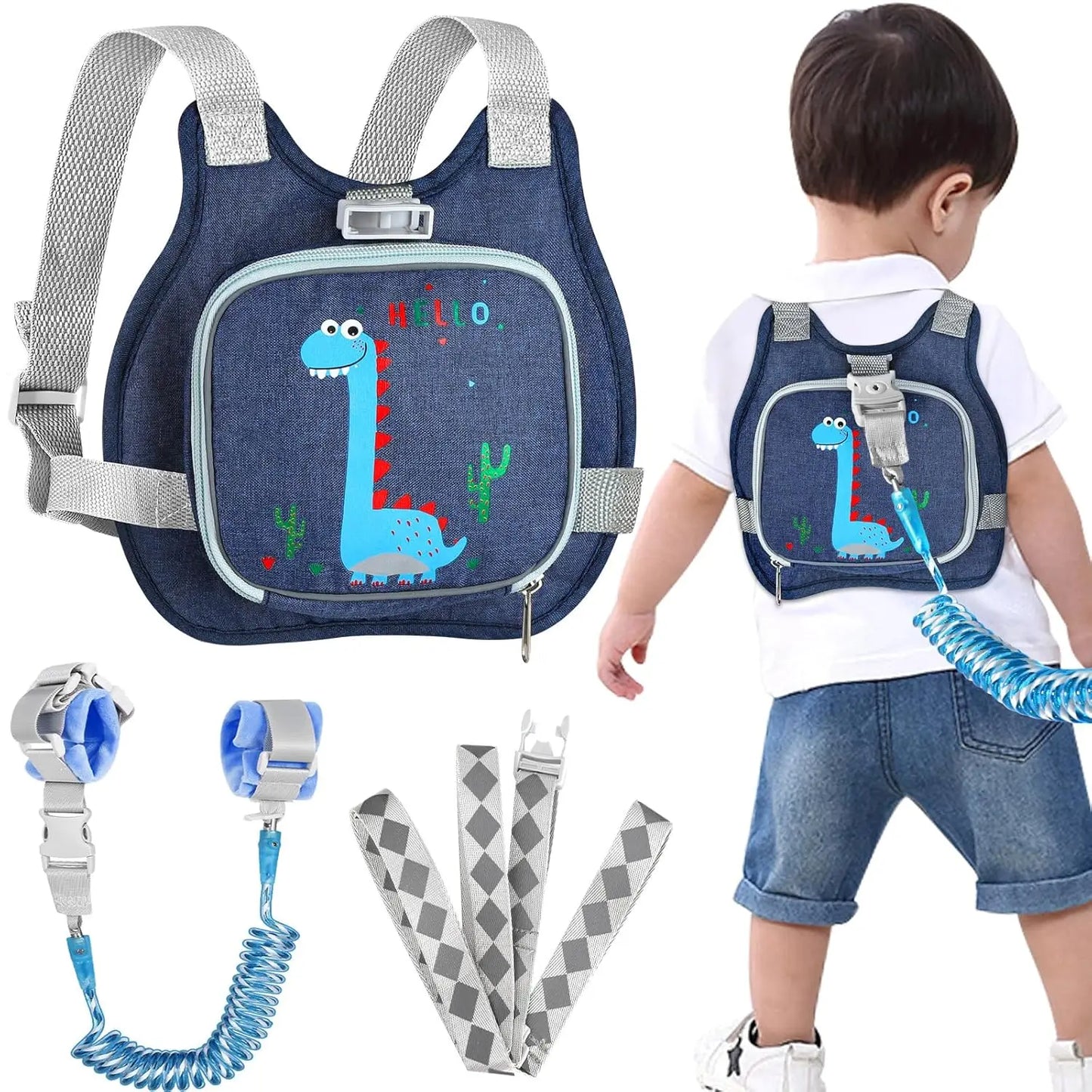 Cute Dinosaur Toddler Harness Leash with Anti-Lost Wrist Link, Adjustable and Foldable for Kids 1-4 Years Old