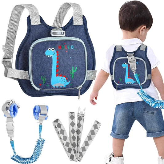Cute Dinosaur Toddler Harness Leash with Anti-Lost Wrist Link, Adjustable and Foldable for Kids 1-4 Years Old