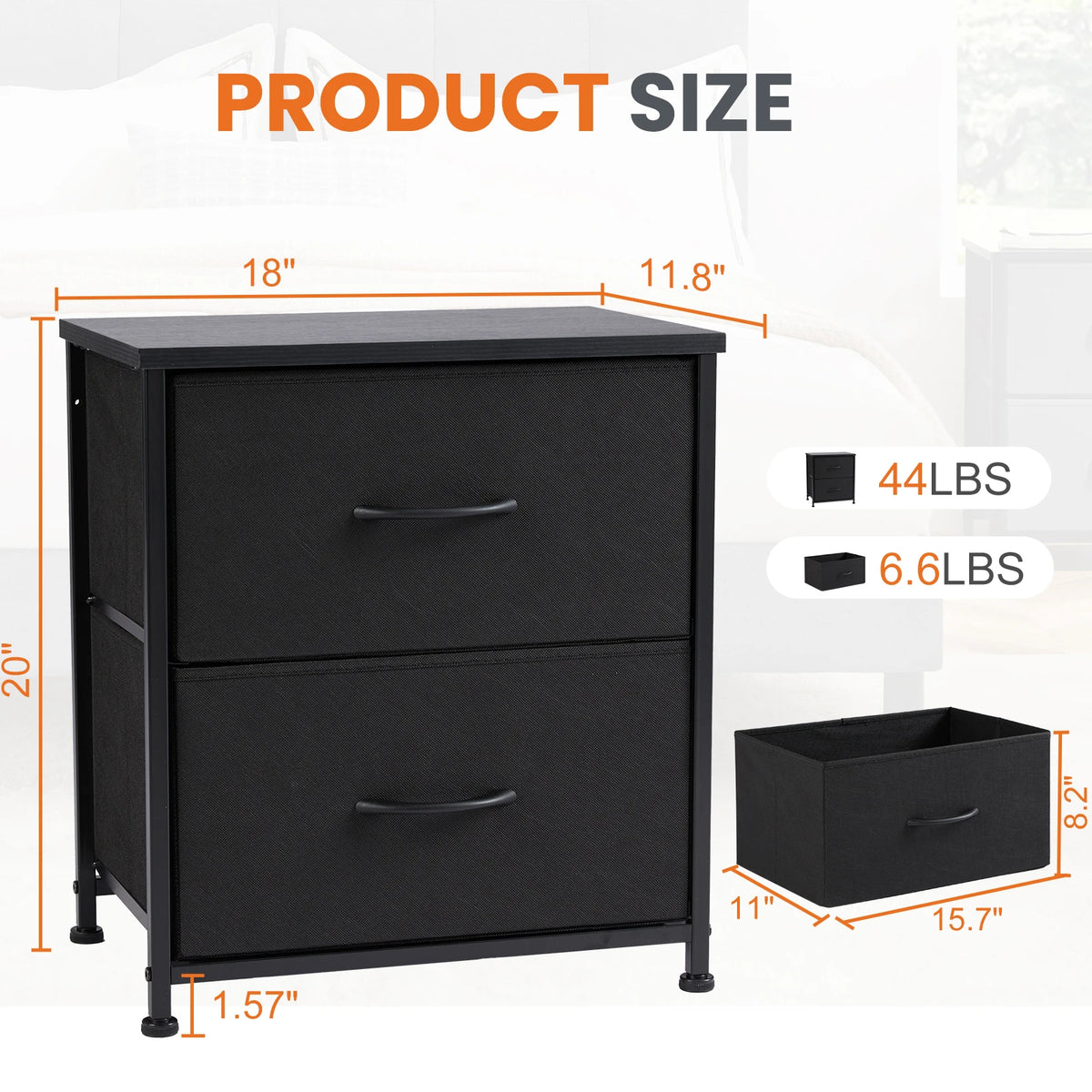 JHK Modern Bedside Nightstand With Two Fabric Storage Drawers