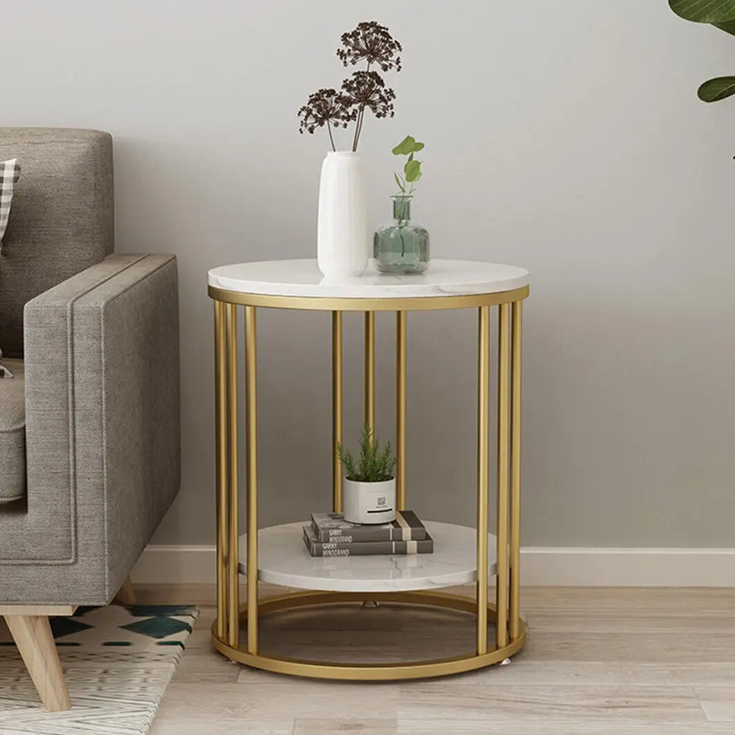 Wisfor 2-Tier Marble Round Side Table With Storage Nightstand