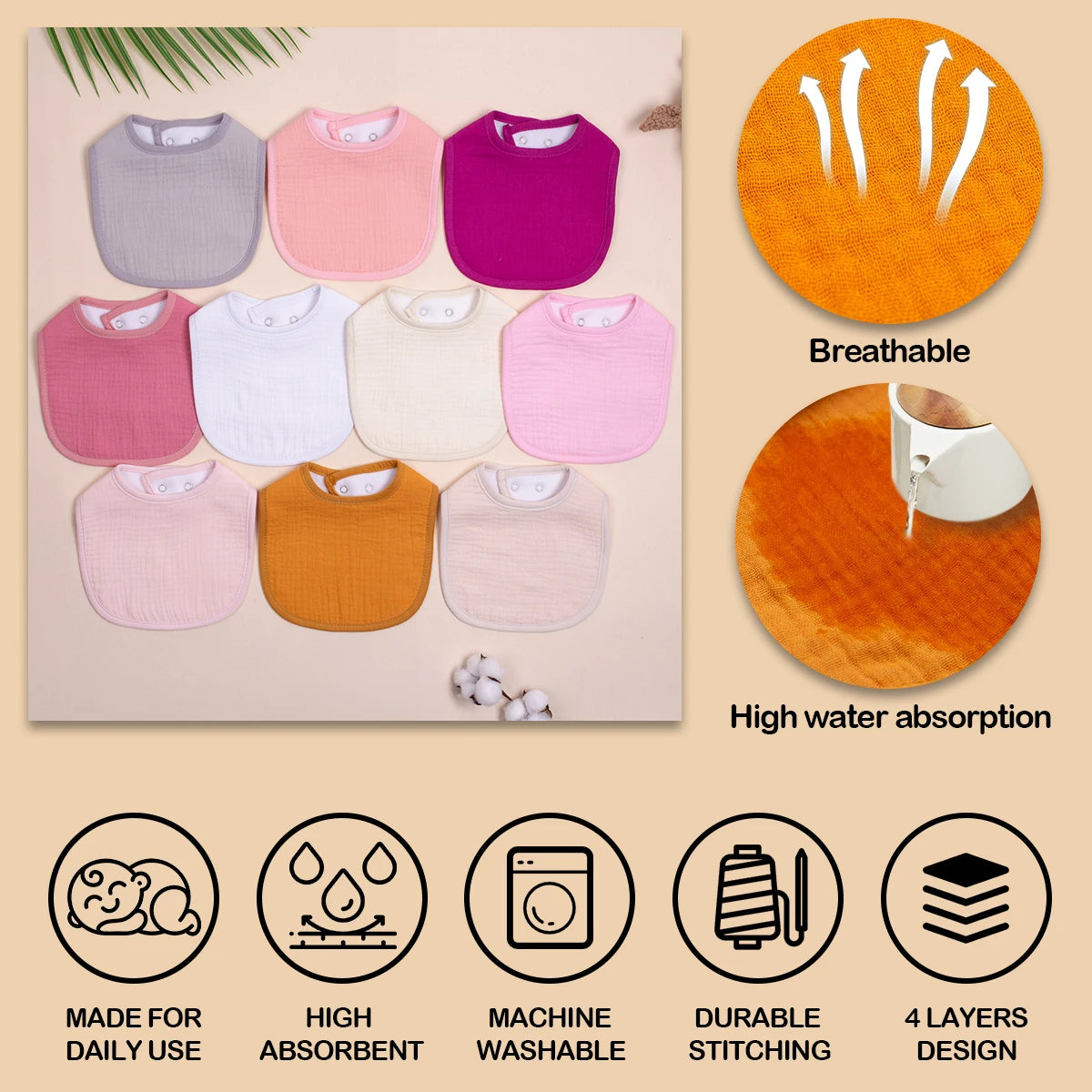 Premium 4-Layer Baby bib Ultra Soft & Super Absorbent,Perfect for Teething, Feeding, and Everyday Use (Set of 10)