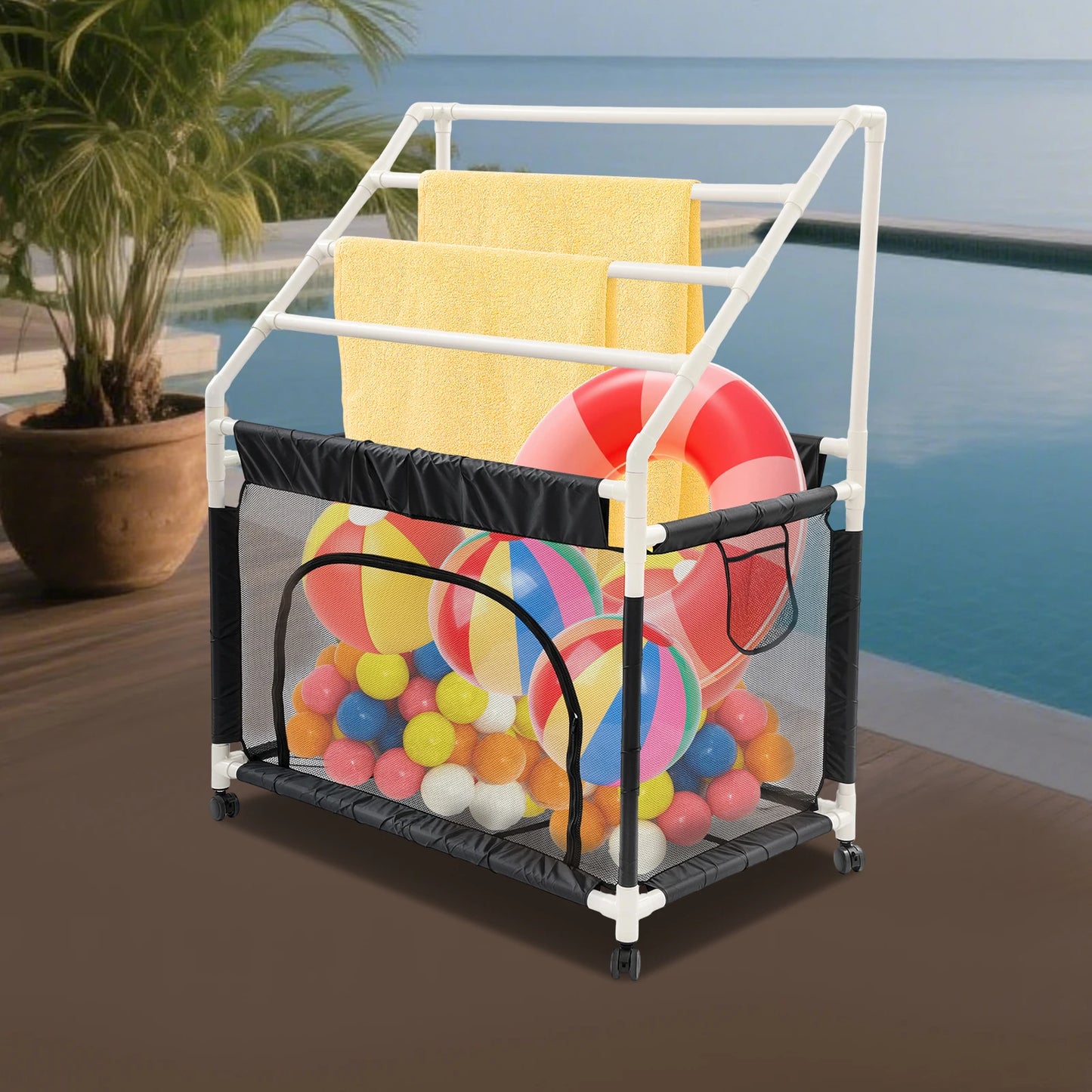 Rolling Pool Noodle Storage Organizer Bin With Mesh Towel Rack