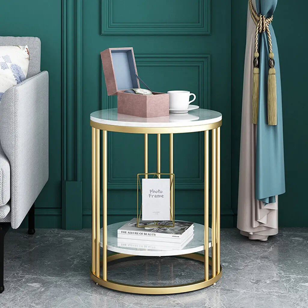 Wisfor 2-Tier Marble Round Side Table With Storage Nightstand