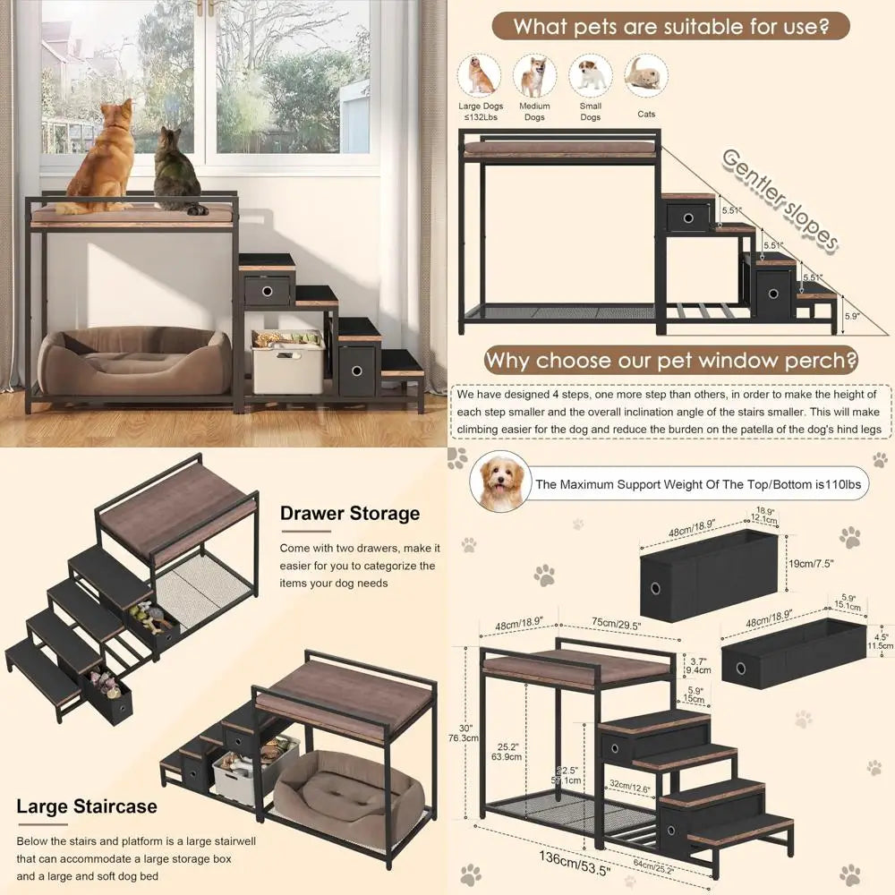 Pet Dual Level Bunk Bed With Detachable Stairs Window Perch