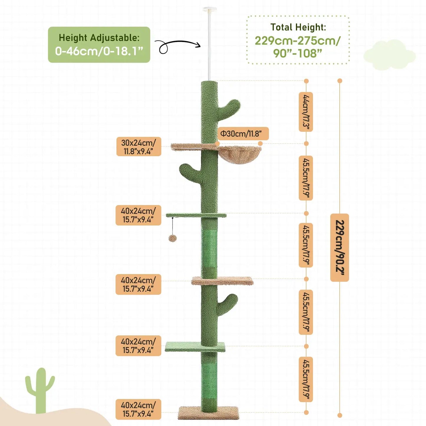 Cactus Floor To Ceiling Cat Tree Adjustable Height 5 Levels