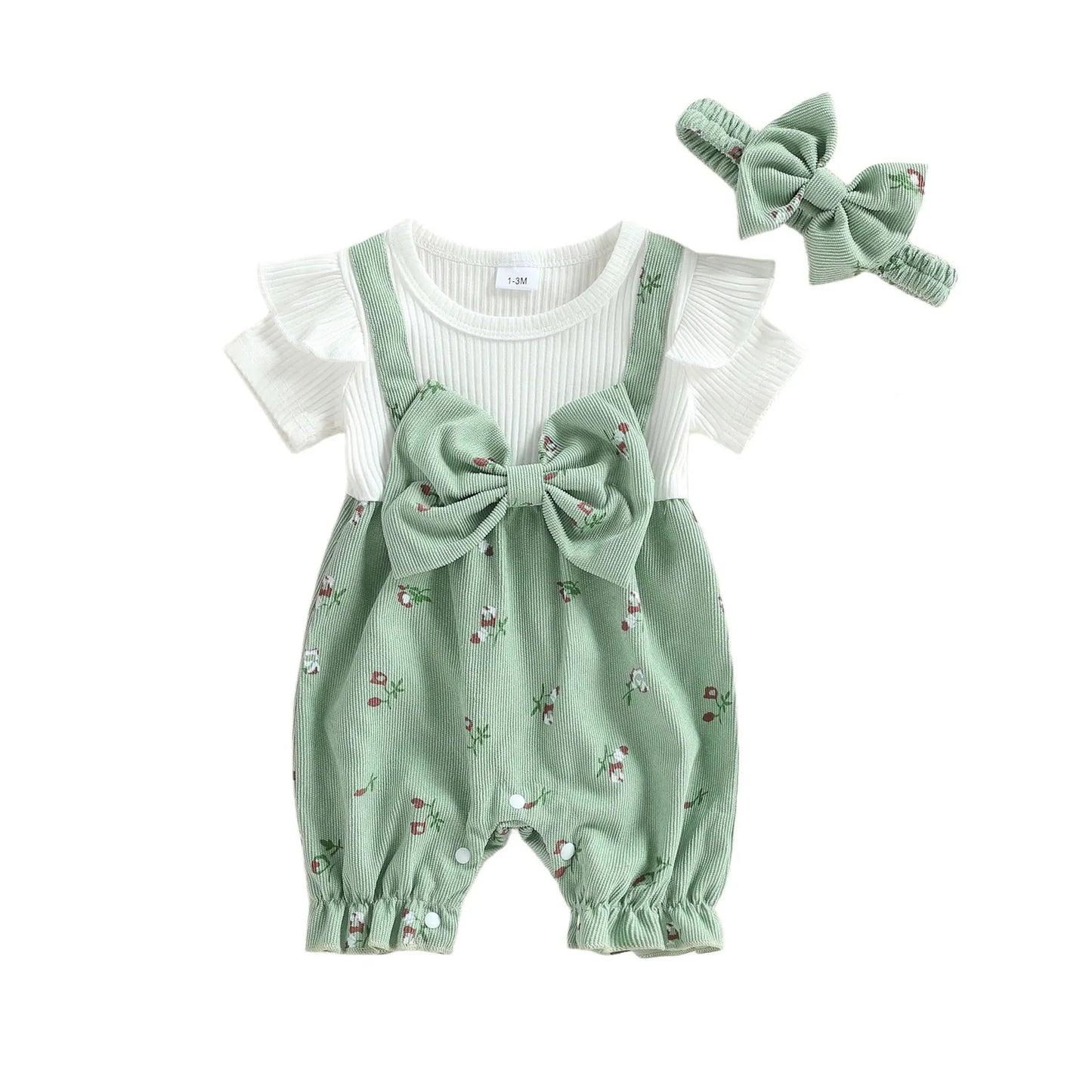 Toddler Girl Sleeveless Romper with Ruffle Detail and Matching Bow Headband Set for Summer Beach Outings
