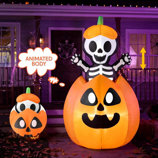 Joyfy Animated Inflatable Skeleton On Pumpkin With LED Halloween Decor