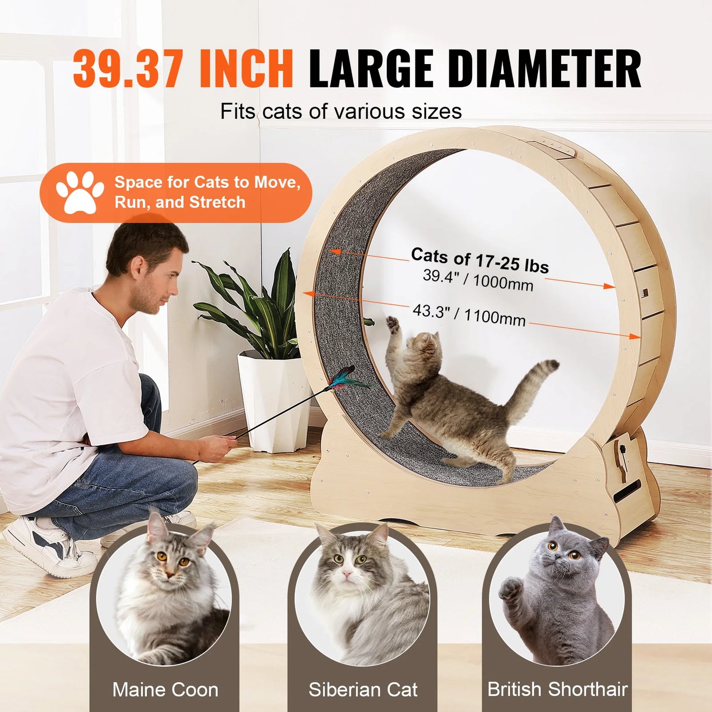 SucceBuy Wooden Cat Exercise Wheel With Detachable Carpet Teaser