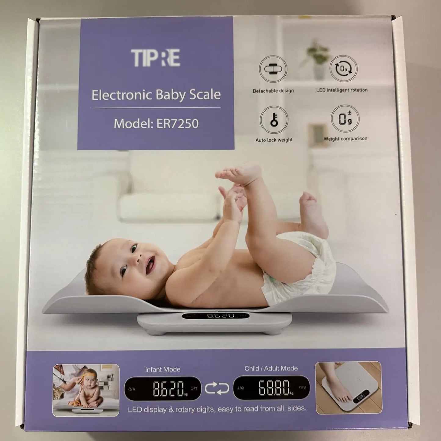 Digital Baby & Pet Scale with Auto-Rotating LED Screen, Detachable Tray, Up to 400lb/180kg for Accurate Weighing