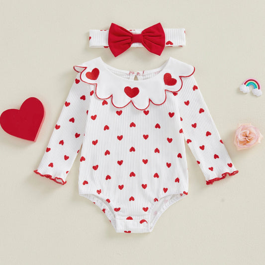 Adorable Toddler Girls Valentine s Day Heart Print Romper with Matching Bow Headband and Ruffle Detail
