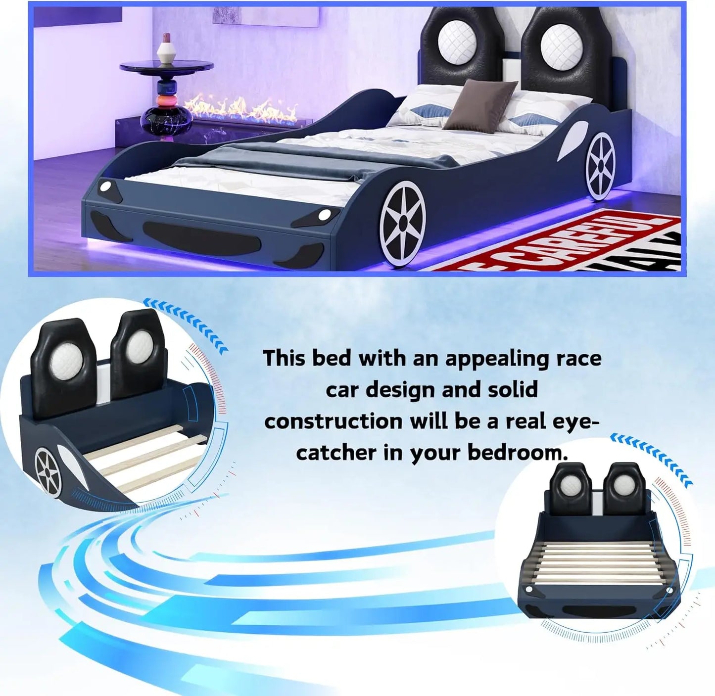 YQXH Race Car Shaped Platform Bed With Integrated LED Lighting