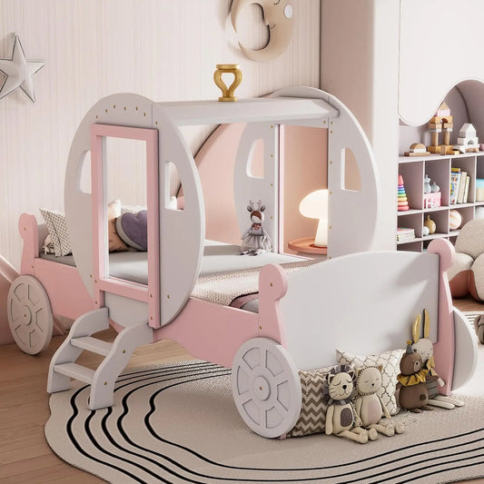 YQXH PrincCarriage Bed for Kids with Crown and Stairs