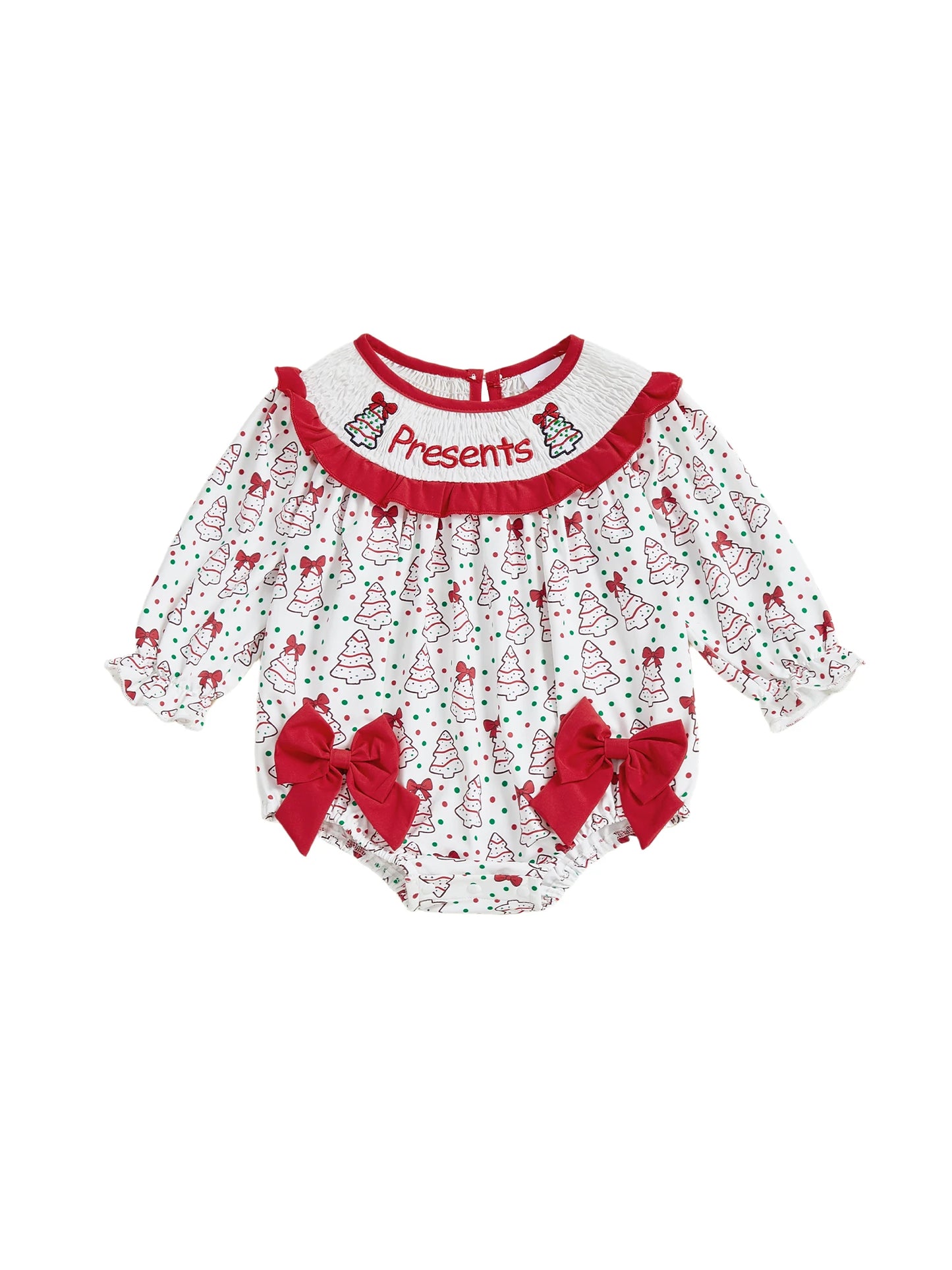 Baby Girl Bubble Romper Fashionable Christmas Tree Embroidery Smocked Long Sleeve Jumpsuit