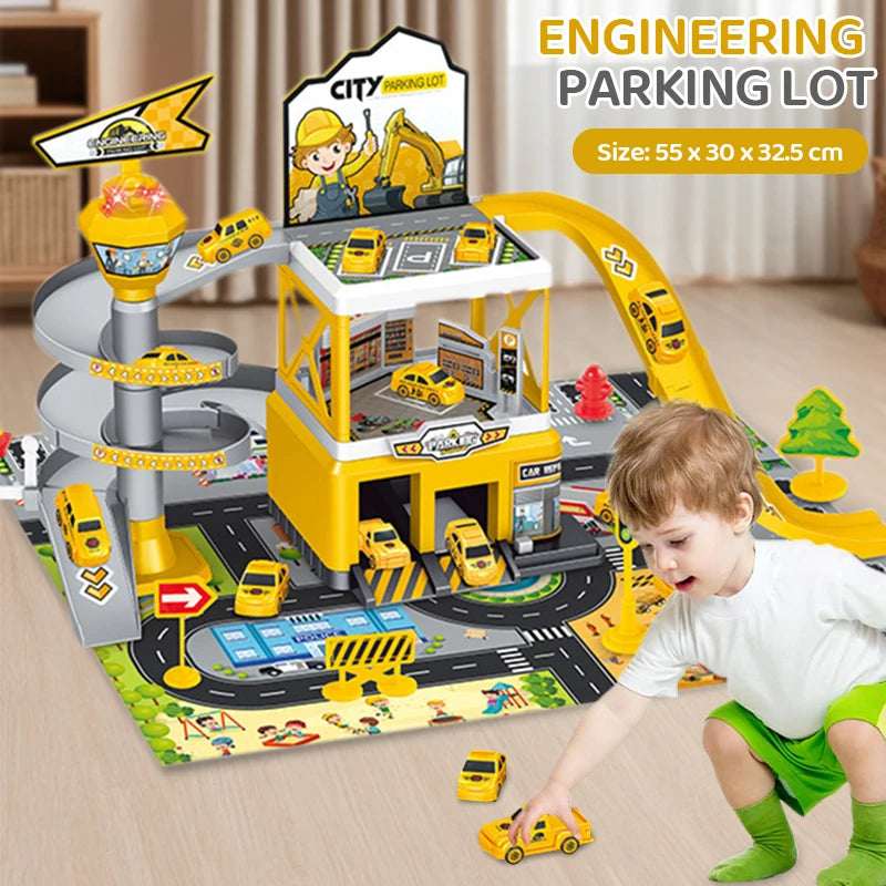 CONUSEA DIY Rail Car Parking Lot Track With Racing Cars