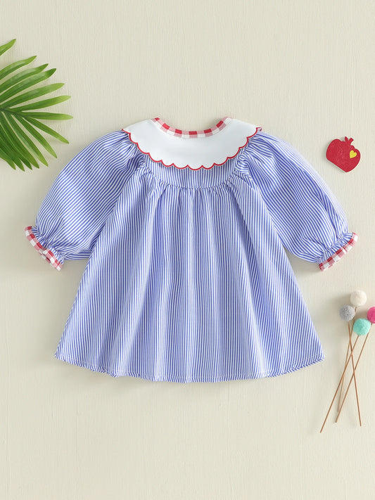 Girls Striped Dress with Apple Embroidery Long Sleeve Round Neck Button Up Dress for Little Girls