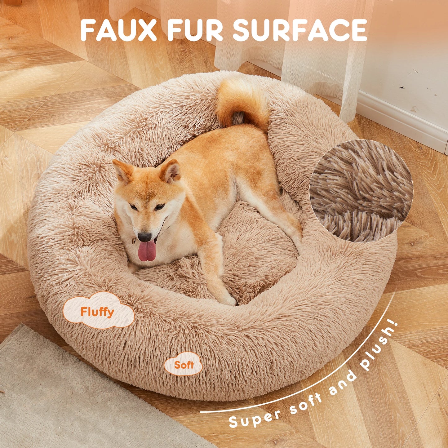 JHK Calming Dog Bed Plush Faux Fur Washable Round