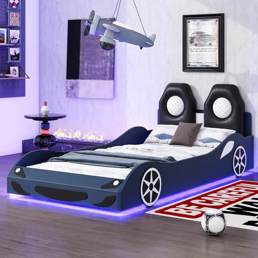 YQXH Race Car Shaped Platform Bed With Integrated LED Lighting