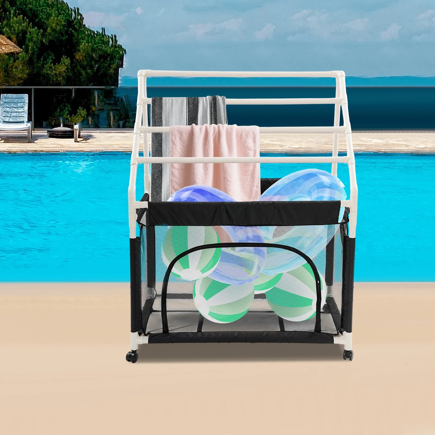 Rolling Pool Noodle Storage Organizer Bin With Mesh Towel Rack