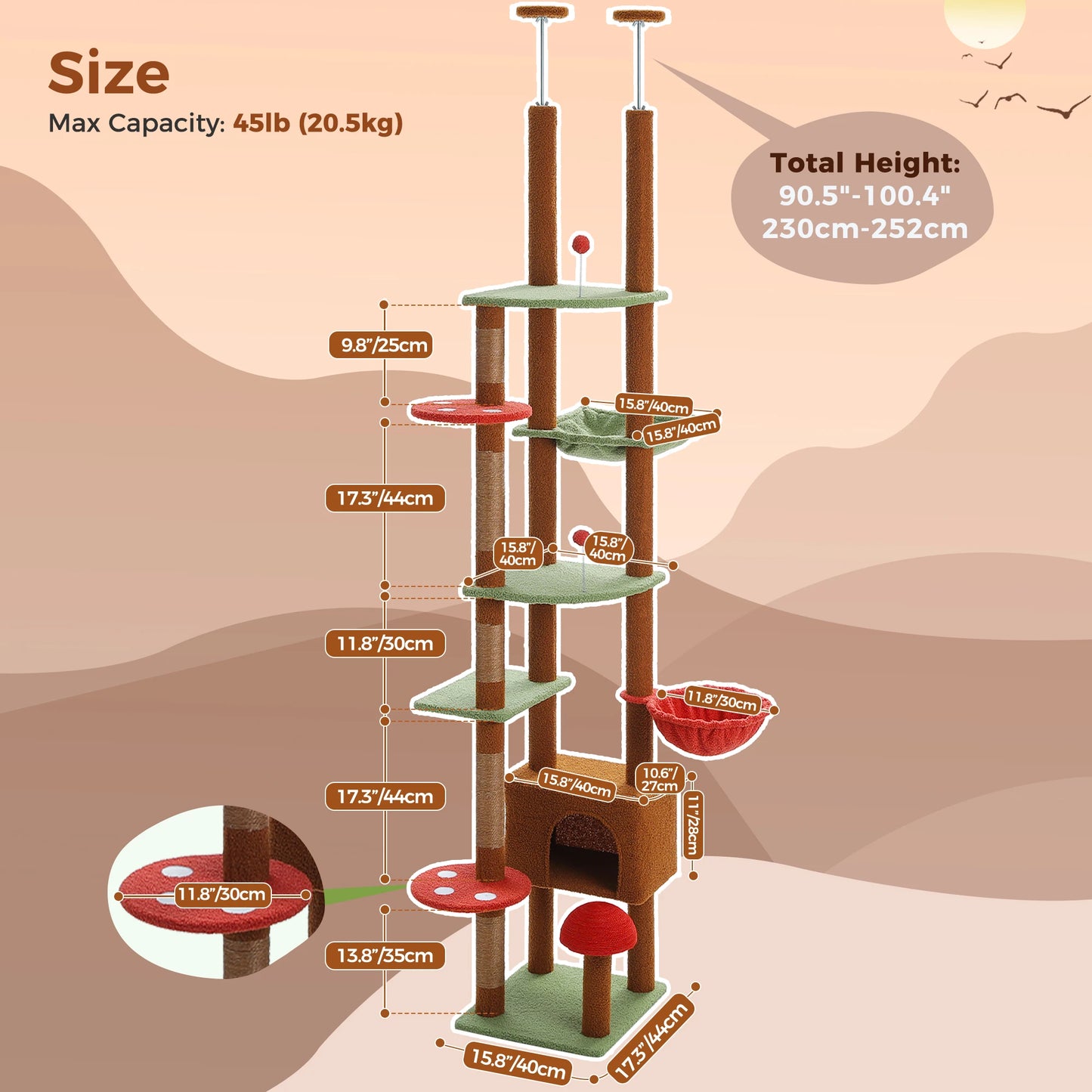 PETEPELACN Cat Tree Floor To Ceiling Tower With Condo Hammock