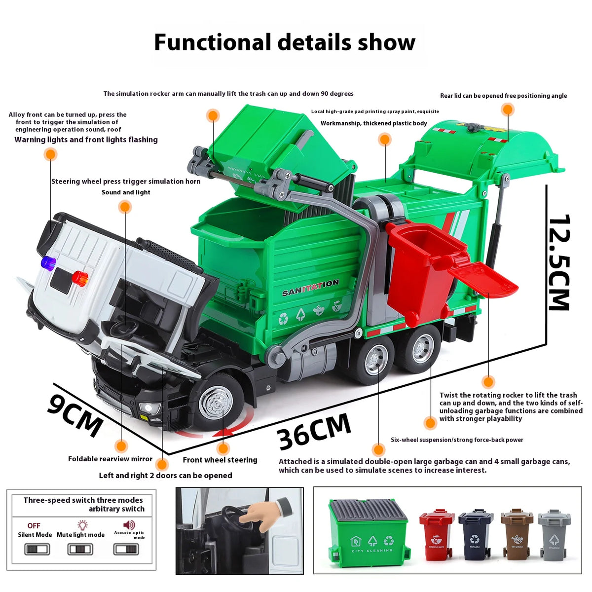 Die Cast Garbage Truck Toy With Sound And Light Effects