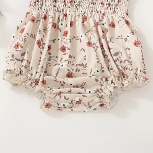 Infant Summer Jumpsuit with Sleeveless Tie Straps Floral Print and Smocked Detailing - Adorable Newborn Romper for Playtime