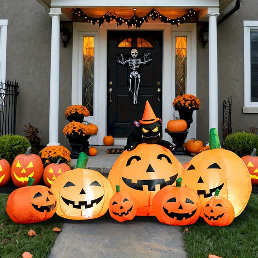 Outdoor Halloween Inflatable Pumpkin Decoration With Witch Cat LED Lights
