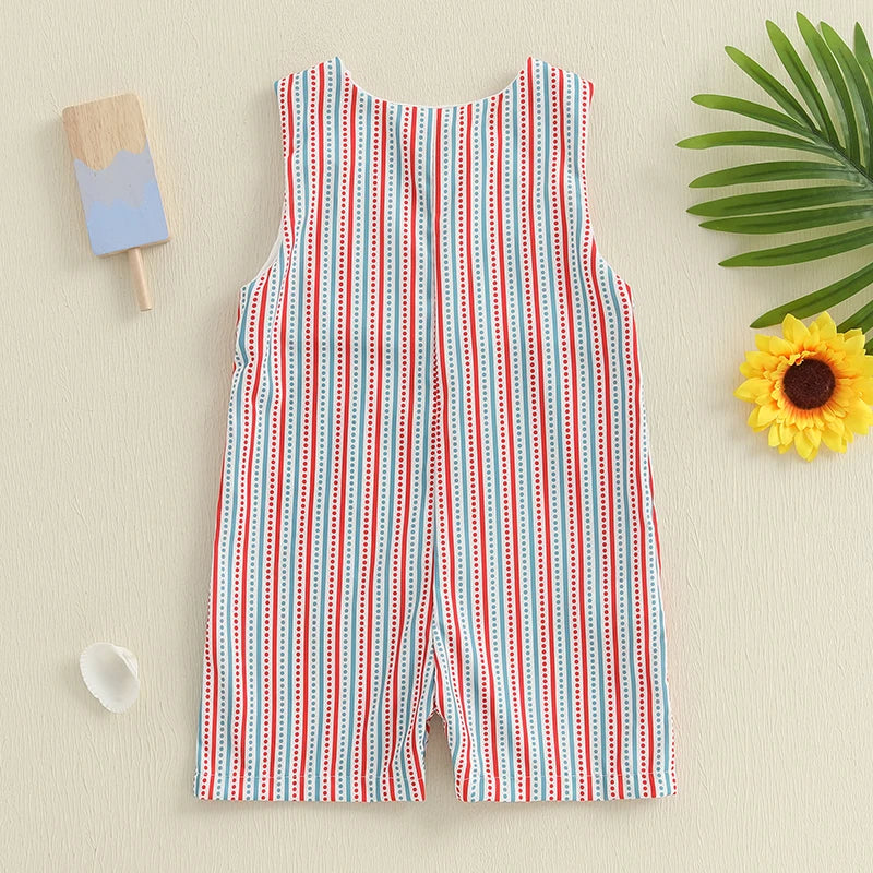 Toddler Boy Sleeveless Romper with Cute Shark Embroidery and Striped Print Summer Tank Jumpsuit for Beachwear and Street Style