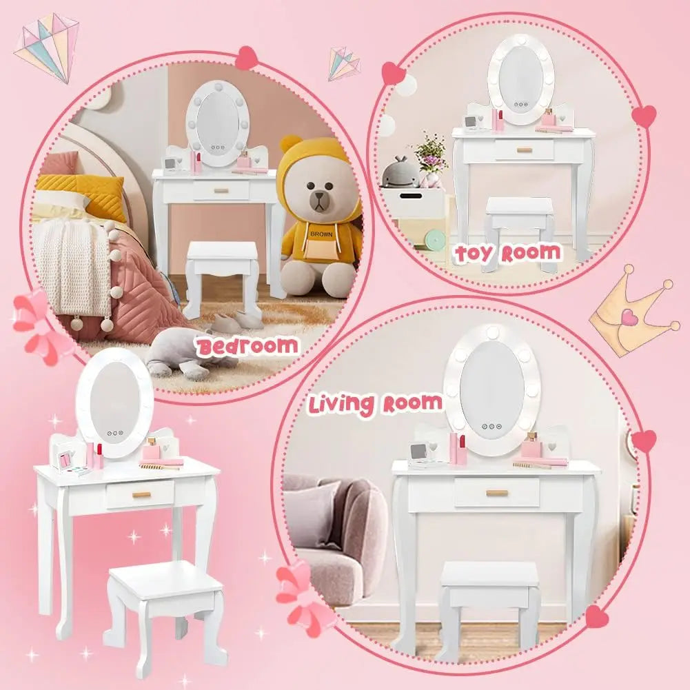 TWISTER.CK Kids Vanity Set With Mirror Lights Wood Makeup Desk And Chair