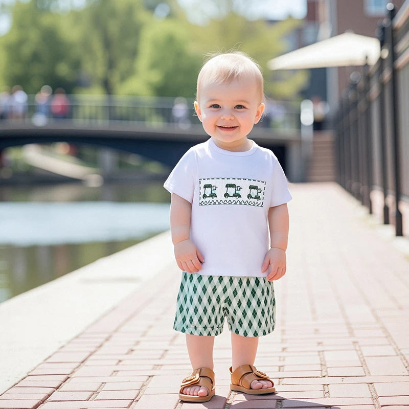 Infant Boy Casual Wear Set Embroidered Tee And Checkered Shorts