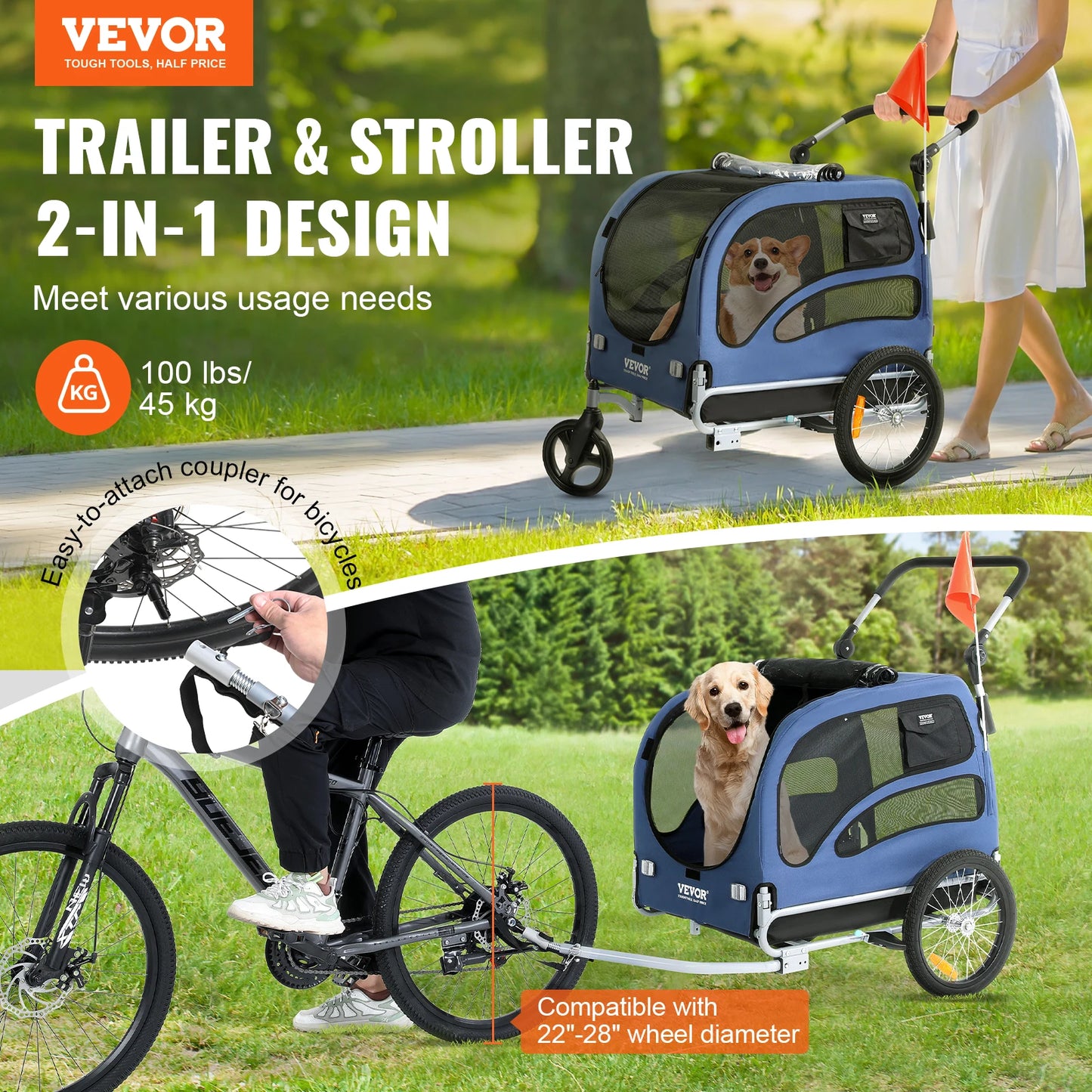 Dog Bike Trailer 2-In-1 Pet Stroller Cart Travel Carrier