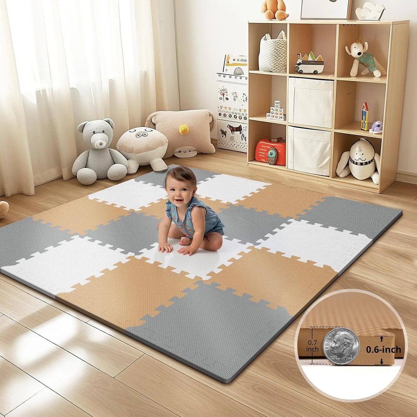 16 Tiles Baby Play Mat for Floor, EVA Foam Baby Floor Play Mat with 0.6 Inch Thick Interlocking Foam Tiles