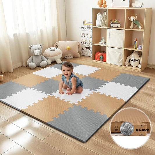 16 Tiles Baby Play Mat for Floor, EVA Foam Baby Floor Play Mat with 0.6 Inch Thick Interlocking Foam Tiles