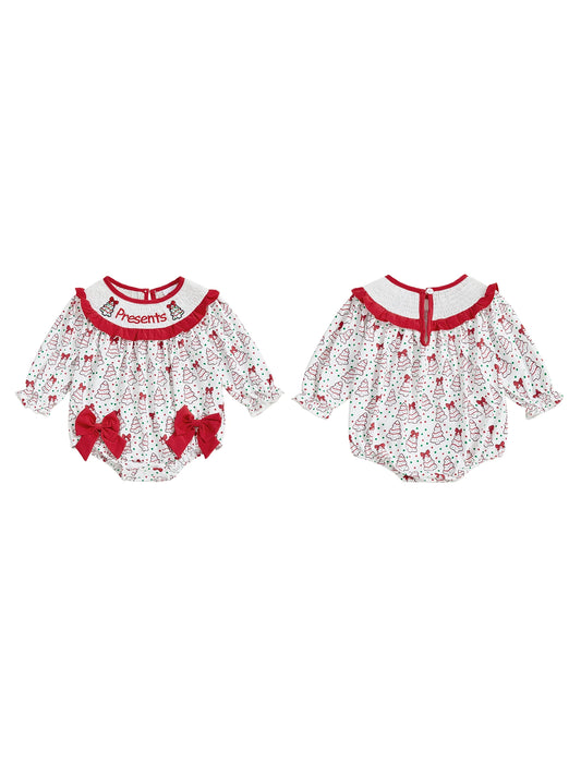 Baby Girl Bubble Romper Fashionable Christmas Tree Embroidery Smocked Long Sleeve Jumpsuit