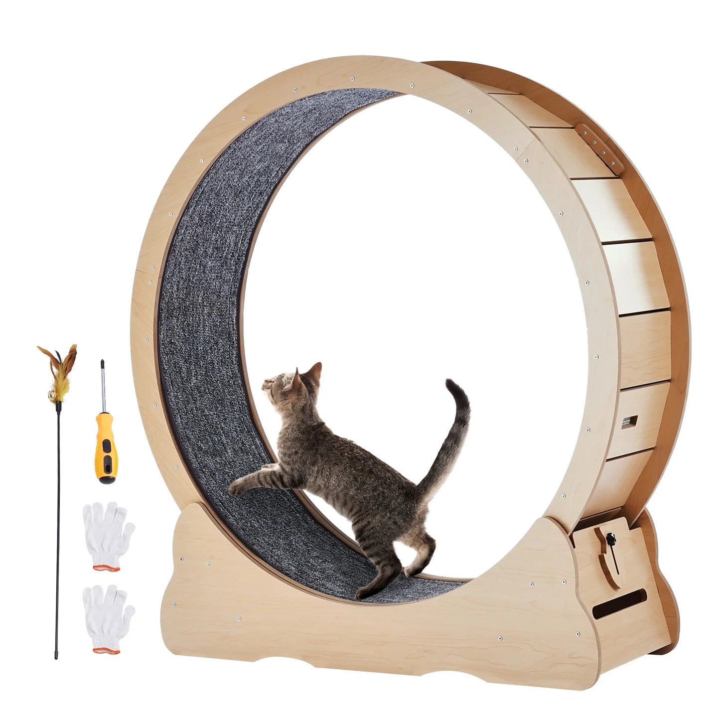 SucceBuy Wooden Cat Exercise Wheel With Detachable Carpet Teaser