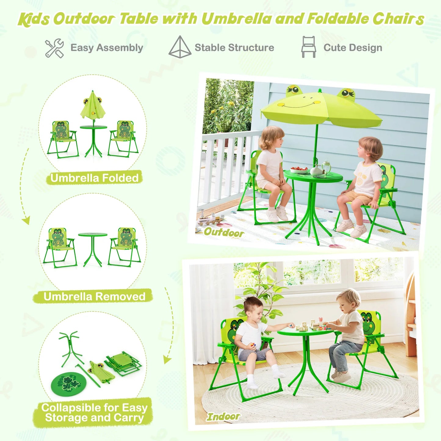 LIFEZEAL Kids Picnic Table Set Folding Chairs Height Adjustable Umbrella