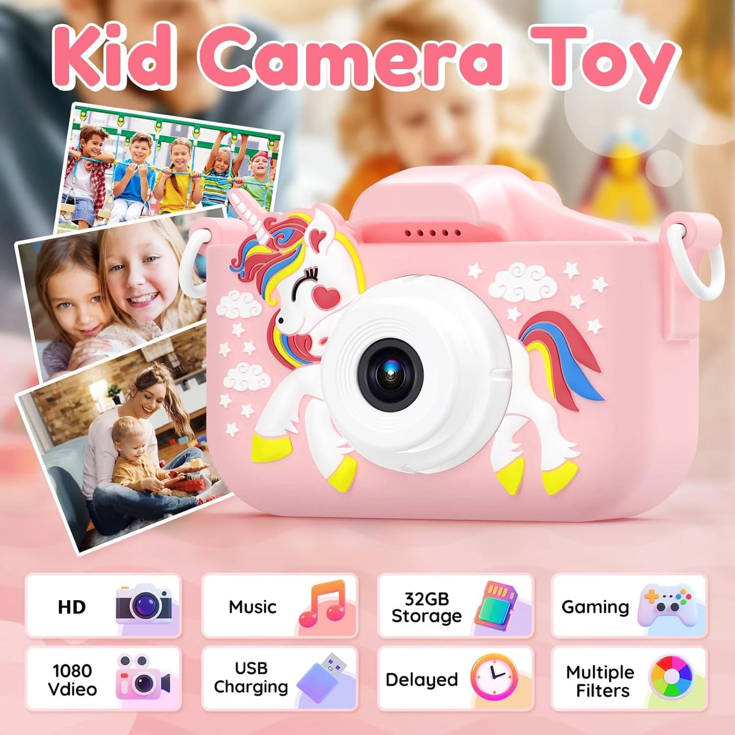 1080P HD Video Photography Camera Mini Digital Camera with Silicone Case Puzzle Game HD Photo 2.0 inch 32G Memory Card Gift