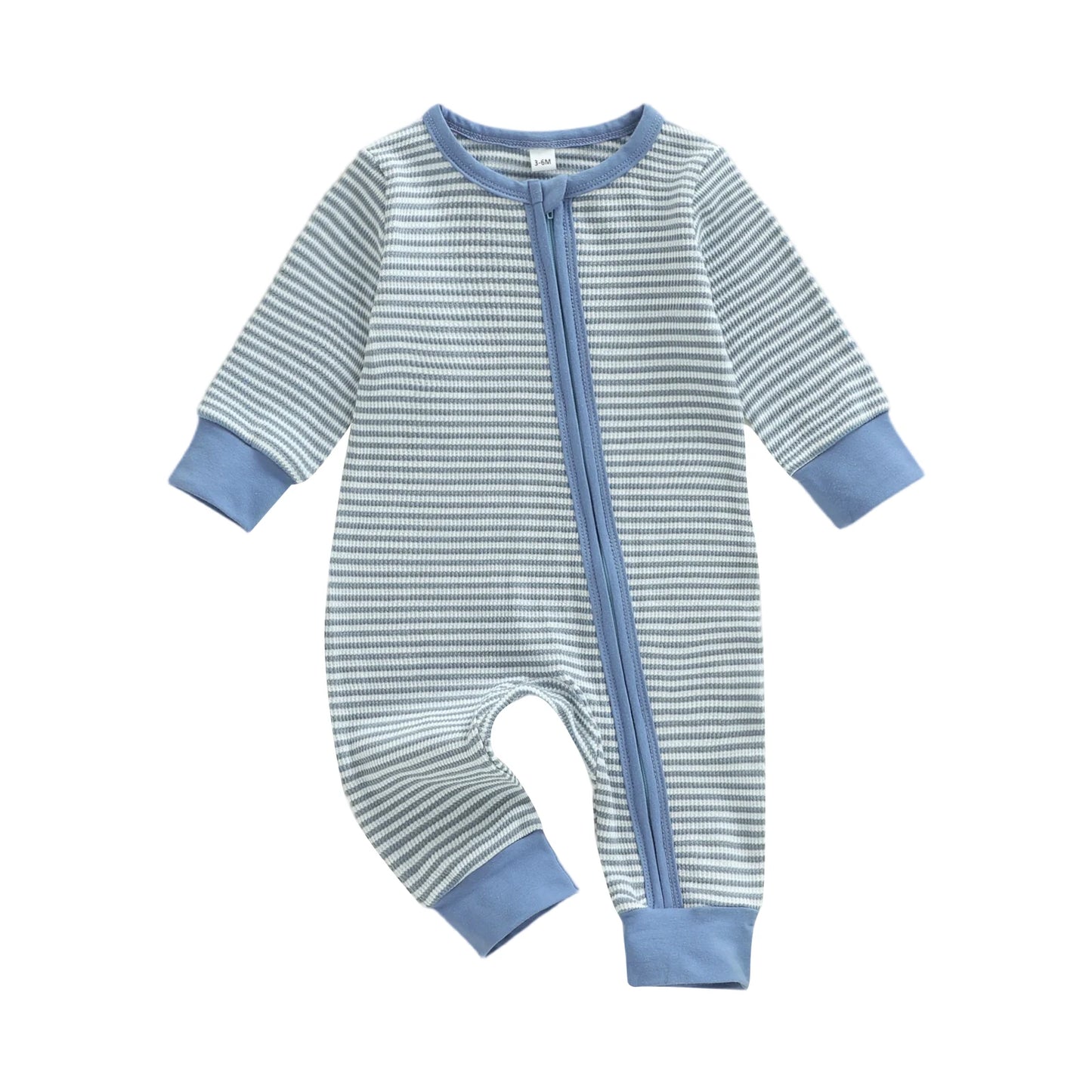 Infant Boy Striped Long Sleeve Zip Up Romper with Round Neck and Full Length Jumpsuit for Baby Boy
