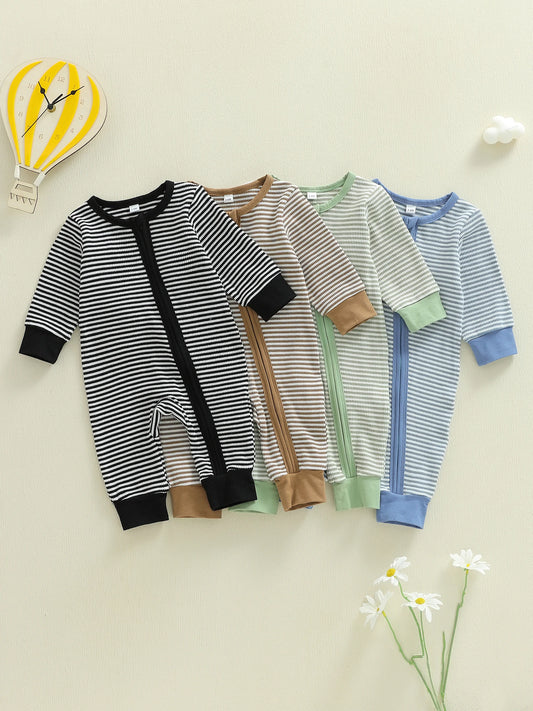 Infant Boy Striped Long Sleeve Zip Up Romper with Round Neck and Full Length Jumpsuit for Baby Boy